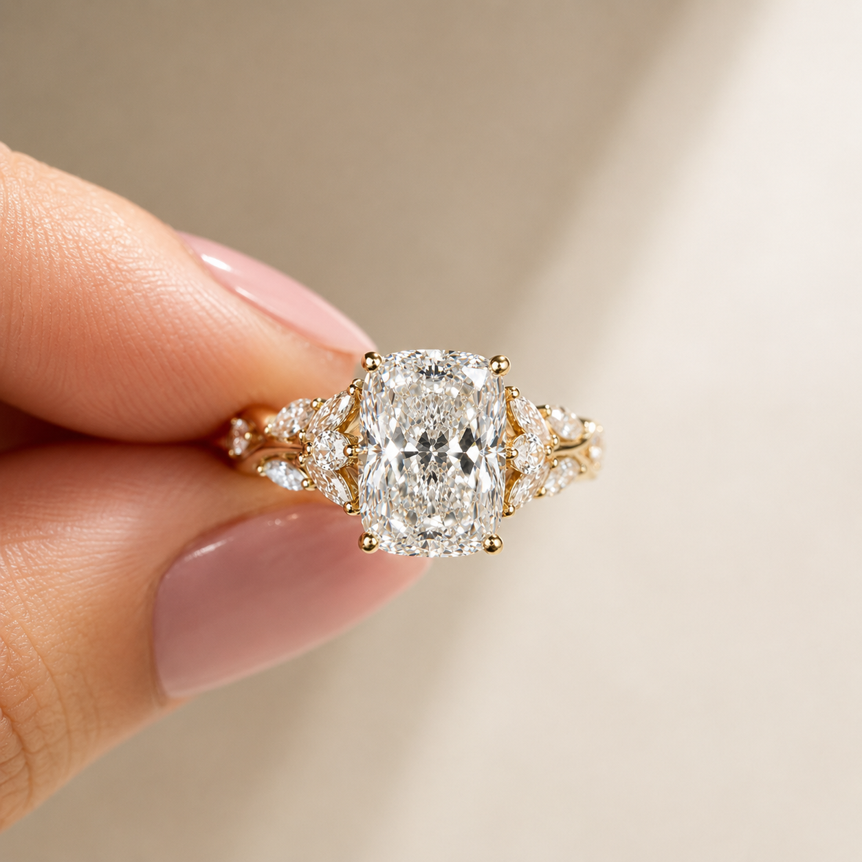 5.08 Carat Yellow  Gold Cushion  Cut Diamond Petal Leaf Design Engagement Ring